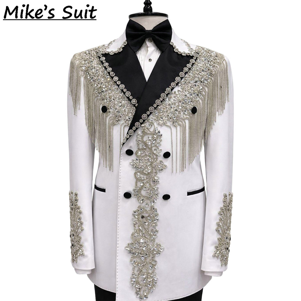Men'S Formal Dinner Wear - 화이트 럭셔리 다이아몬드 비딩 태슬 2피스