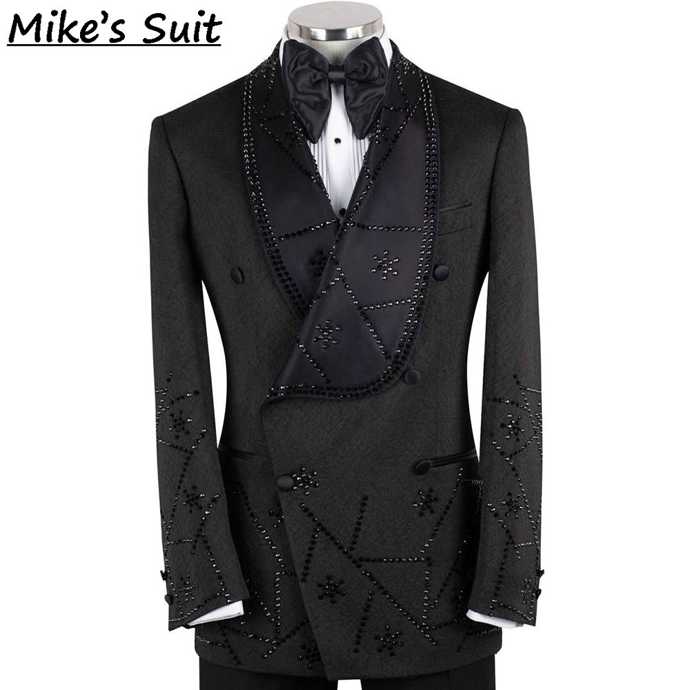 Men'S Formal Dinner Wear - 블랙 자카드 젬스 비딩 2피스 남성
