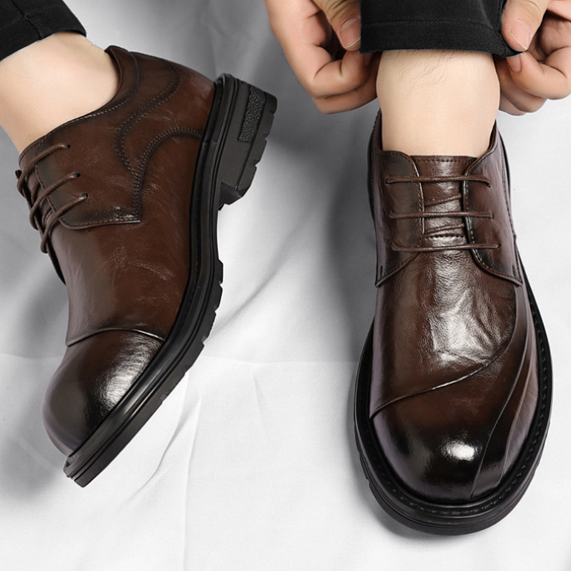 Formal Men Daily Wear Shoes - 브라운 광택 가죽 레이스업 청키 솔