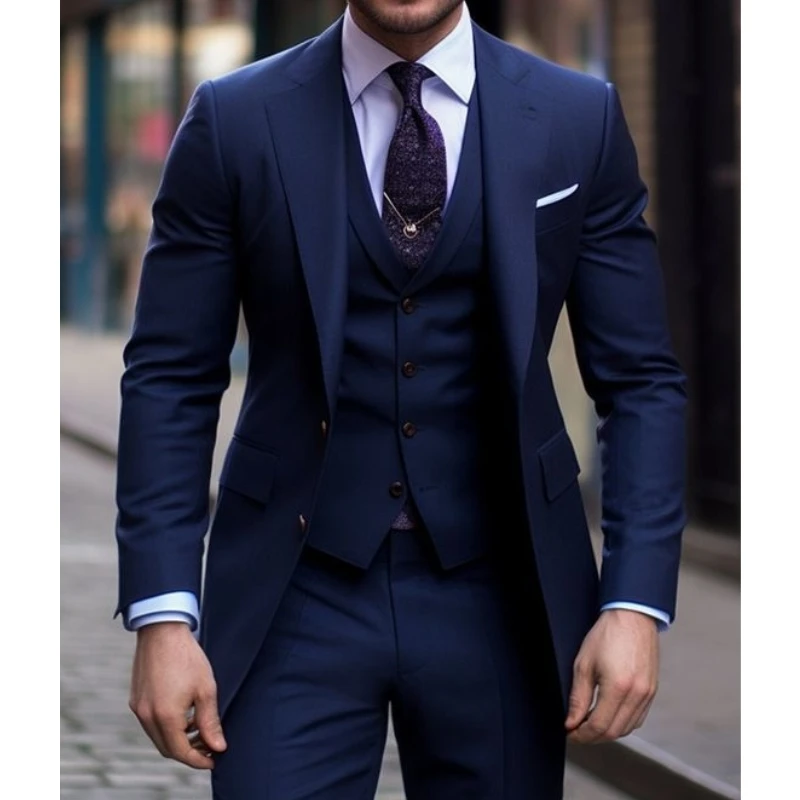 Men Formal Wear With Blazer - 네이비 블루 3 조각 캐주얼 남성