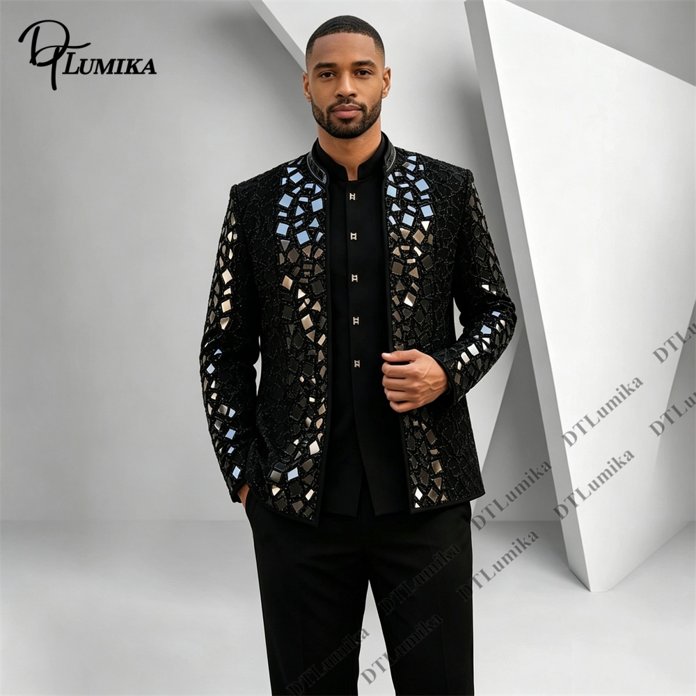 Men Formal Wear With Blazer - 남성용 블랙 만다린 칼라 수트, 미러