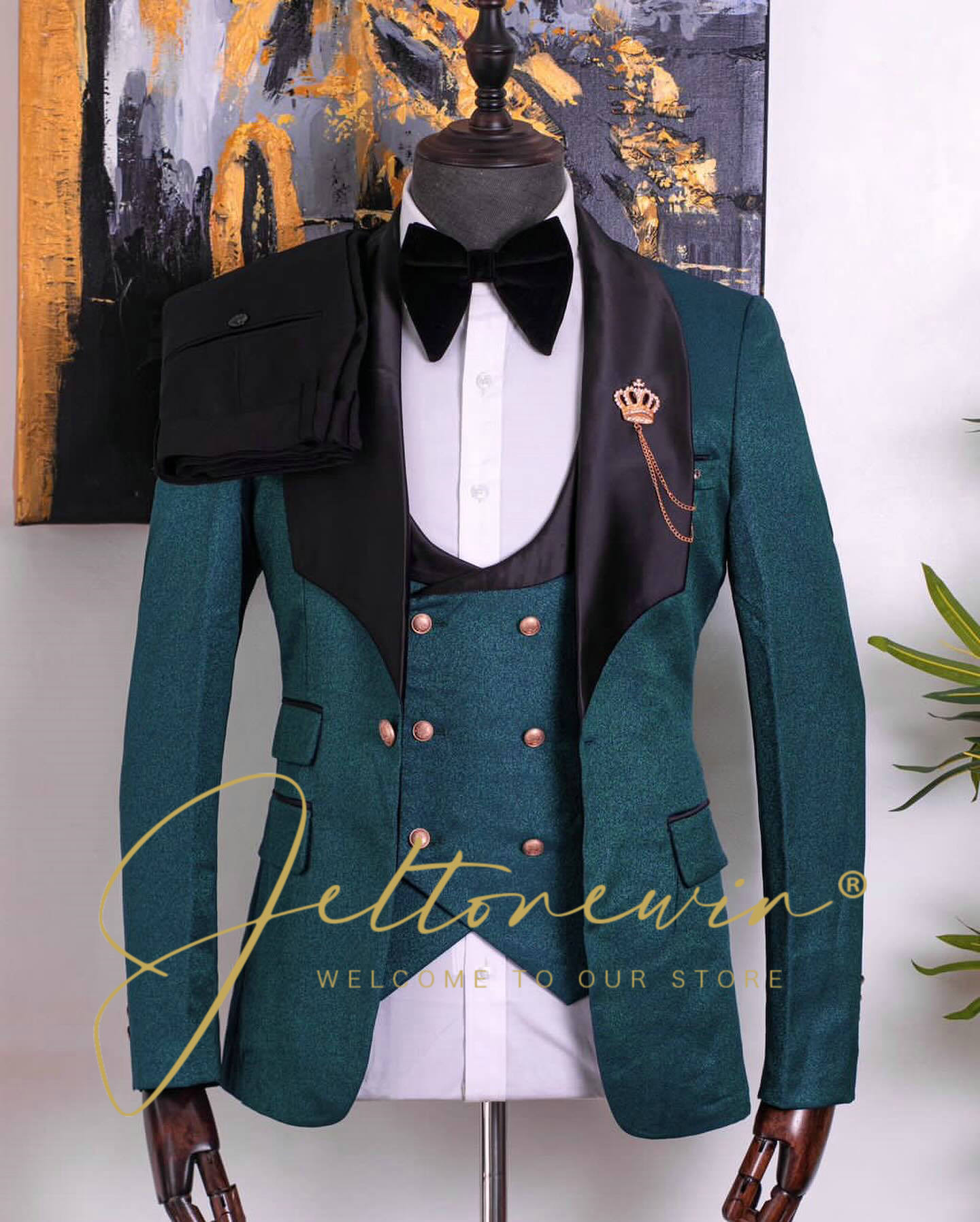 Men Formal Wear Green - 남성용 그린 쓰리피스 턱시도 정장 세트,