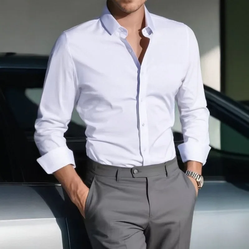 Men Formal Office Wear Shirts - 신상품 남성용 솔리드 화이트 비즈니스 드레스