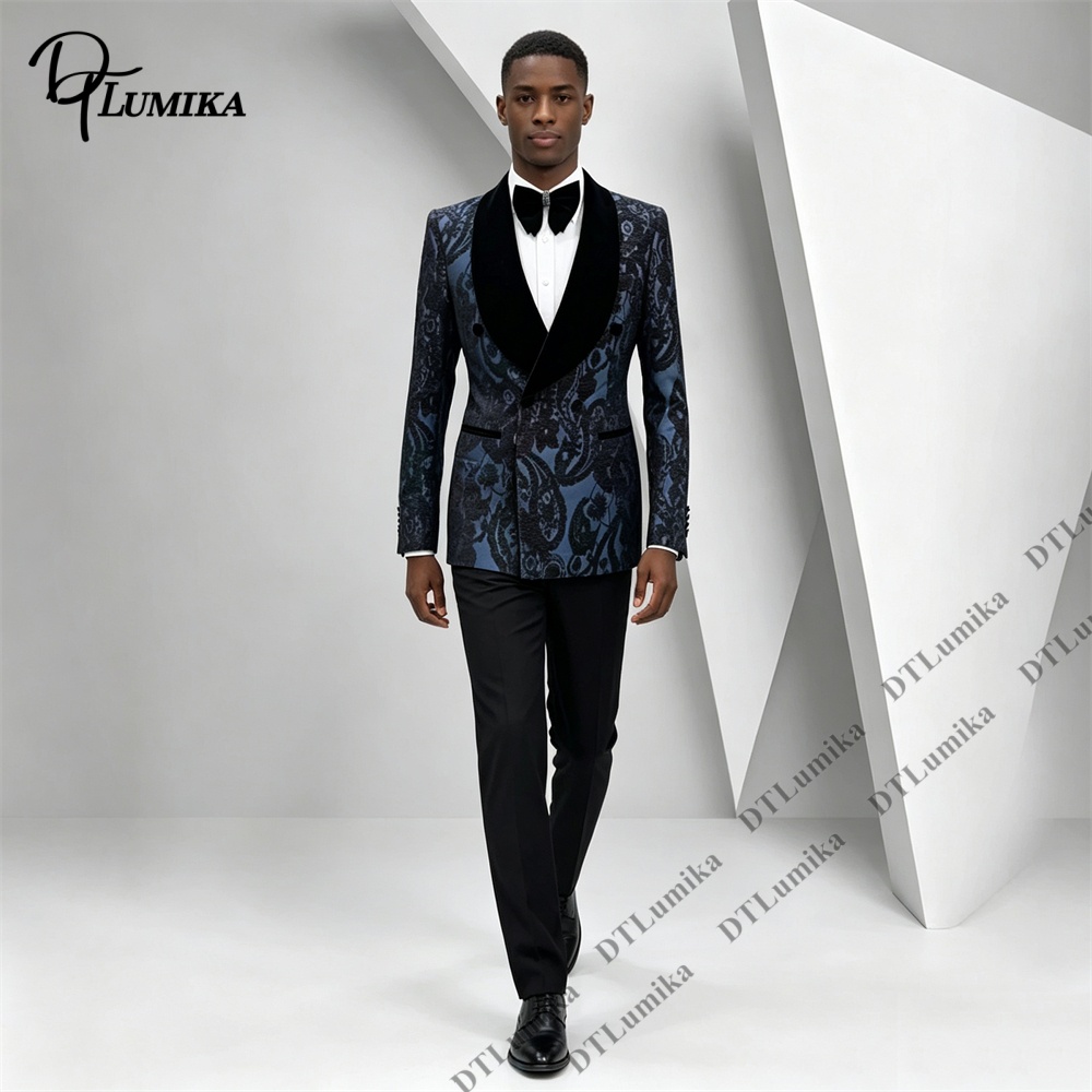Men Formal Wear With Blazer - 투피스 페이즐리 자카드 턱시도 수트 블랙