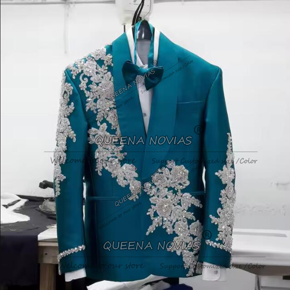 독점적인 신랑 예복 정장 비즈 스톤 아플리케 턱시도 의 - Men Formal Wear Green 리뷰 및 가격