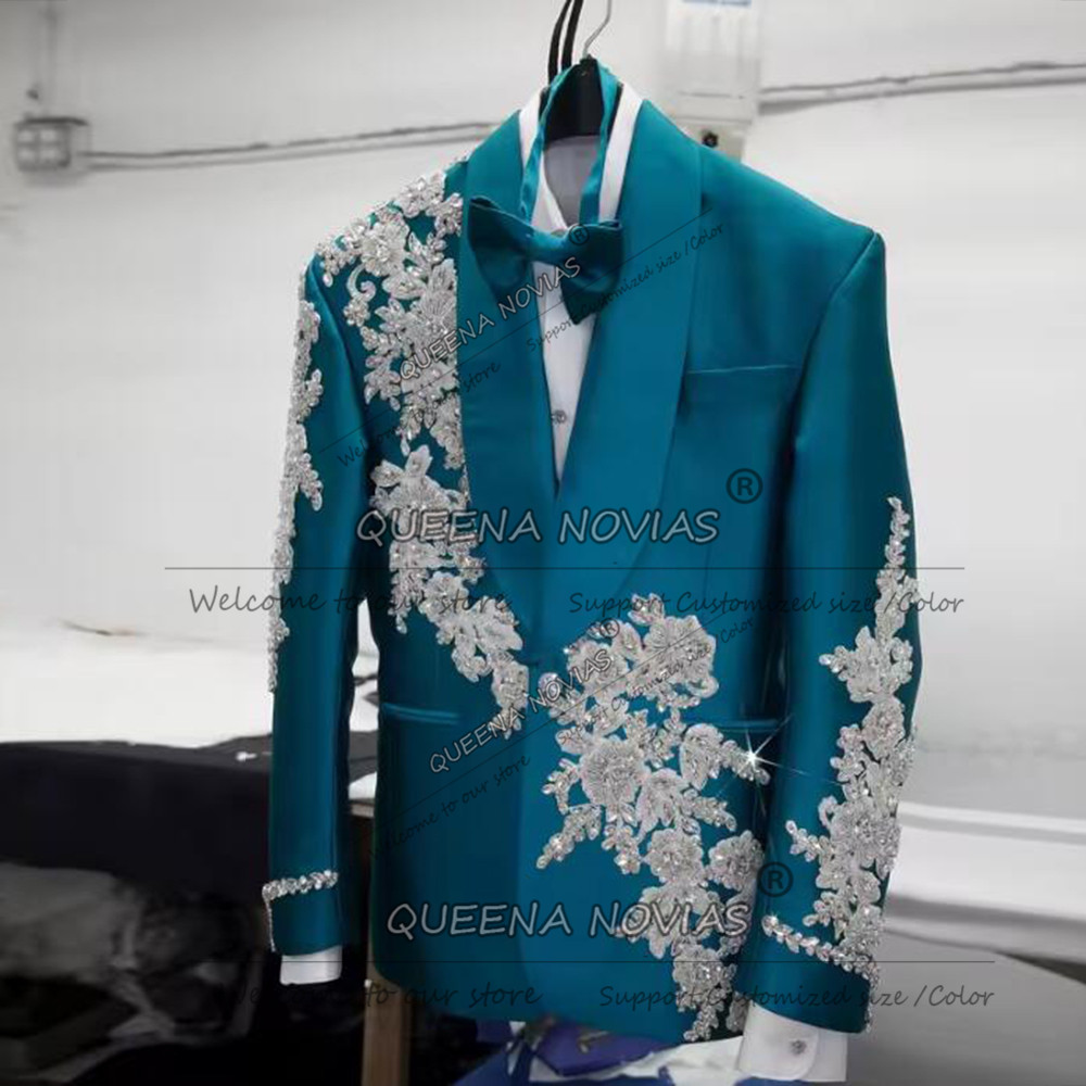 독점적인 신랑 예복 정장 비즈 스톤 아플리케 턱시도 의 - Men Formal Wear Green 리뷰 및 가격