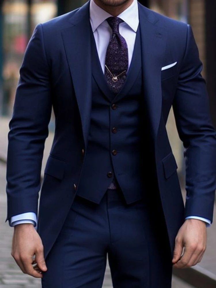 네이비 블루 3 조각 캐주얼 남성 정장 슬림 피트 노치 - Men Formal Wear With Blazer 리뷰 및 가격