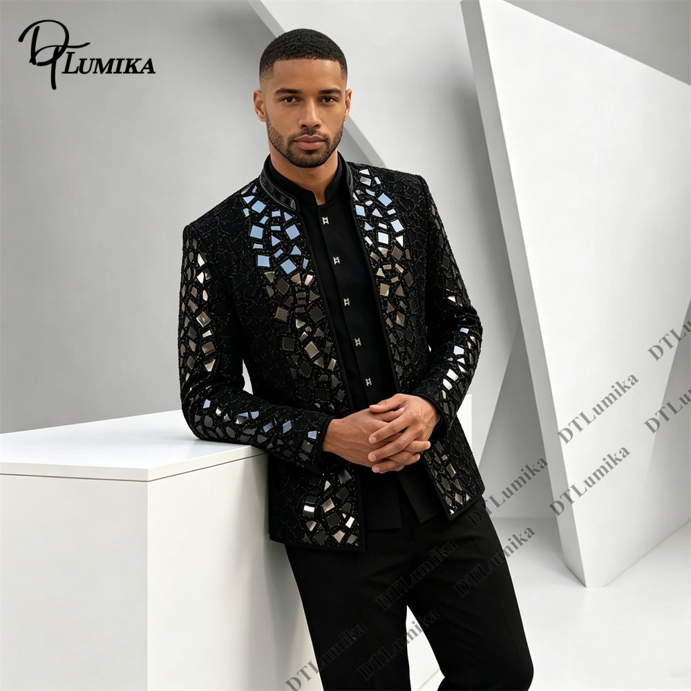 남성용 블랙 만다린 칼라 수트, 미러 모자이크 라인스톤 - Men Formal Wear With Blazer 리뷰 및 가격