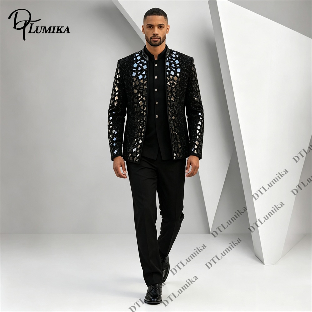 남성용 블랙 만다린 칼라 수트, 미러 모자이크 라인스톤 - Men Formal Wear With Blazer 리뷰 및 가격