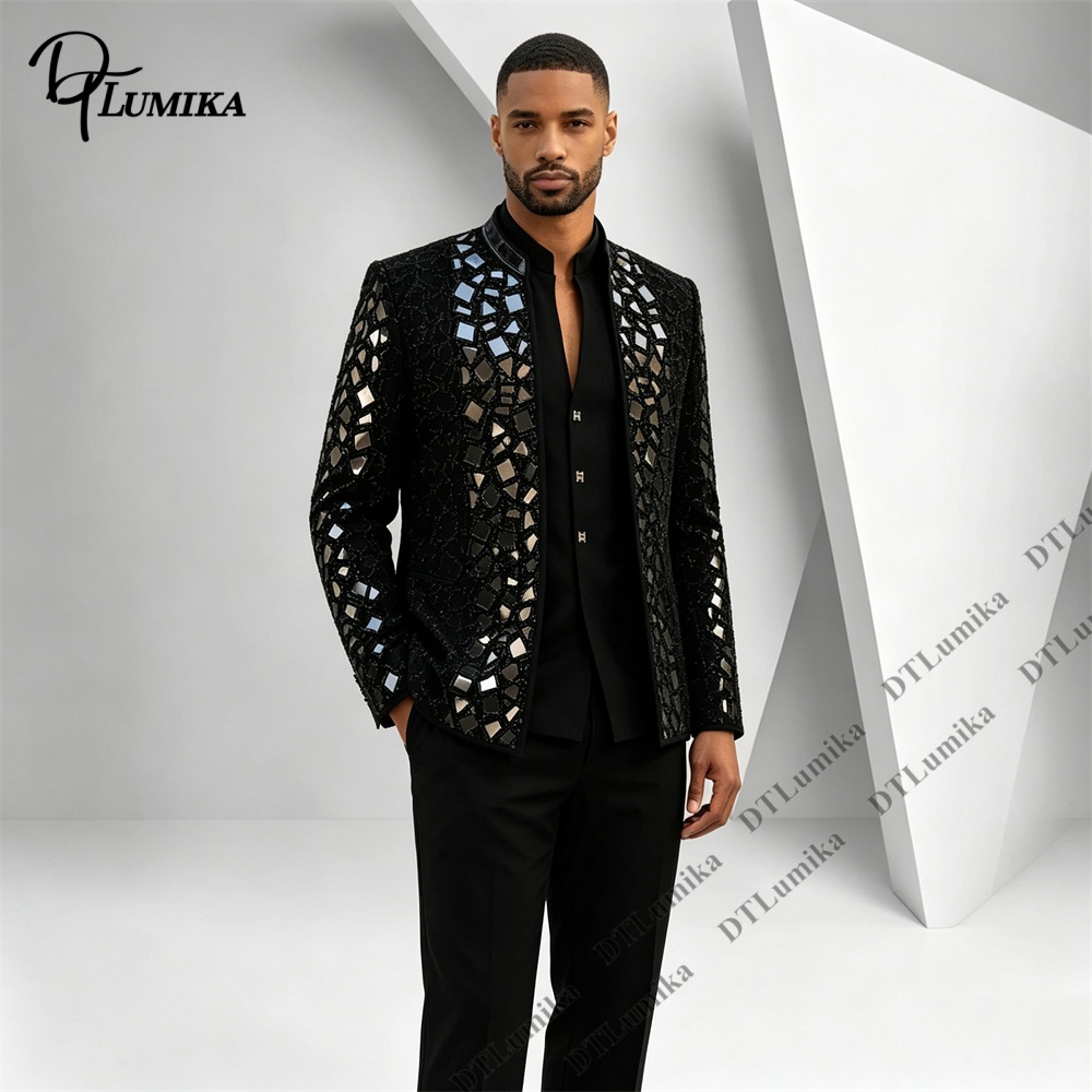 남성용 블랙 만다린 칼라 수트, 미러 모자이크 라인스톤 - Men Formal Wear With Blazer 리뷰 및 가격