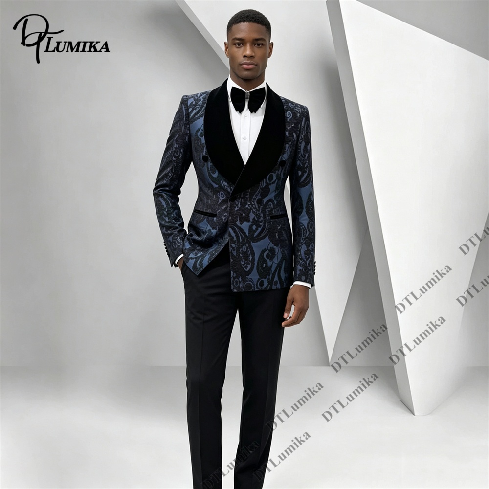투피스 페이즐리 자카드 턱시도 수트 블랙 벨벳 숄 라펠 - Men Formal Wear With Blazer 리뷰 및 가격